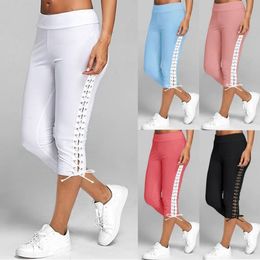 Fashion Women Pants Solid Bandage Fitness Elastic Waist Cropped Trousers Casual Oversized Sweatpants XL