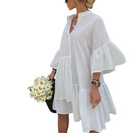 Solid Colour Dress For Women Summer Fashion Short Sleeve V-neck Irregular Plus Size Loose Dresses Female LR1149 210531