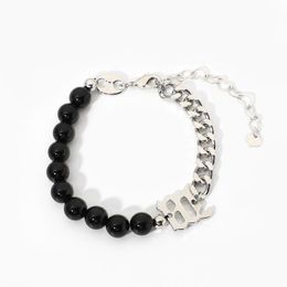 Link, Chain Punk Hip Hop Style Black Beaded Iron Cuban Splicing Bracelets For Women Men Jewelry Accessories