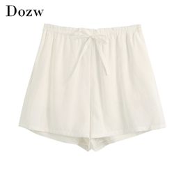 Summer Casual White Shorts Women High Waist Bow Tie Holiday Solid Color Chic Ladies Bottoms Short Femme 210515