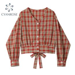 High Waist Bandage Blouses And Shirts Women Lantern Long Sleeve V Neck Single Breasted Red Plaid Blusas Spring Korean Tops 210430