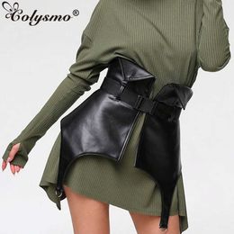 Colysmo Black Mini Skirt PU Leather Belt s A Line High Waisted Goth Women Fashion Casual Party Club Outfits 210527