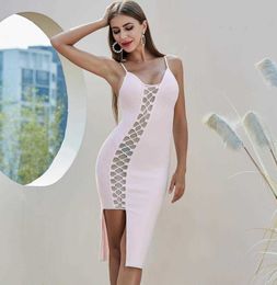 Women Sexy Designer V Neck Hollow Out Bandage Dress Evening Celebrity Knee Length Chic Party Vestido 210527