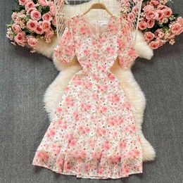 Sweet Ladies Pink Floral Dress Women Elegant Summer V-neck Short Sleeve High Waist Sash Bow Tied A-line Casual Female Dresses 210603