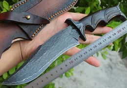 1Pcs Top Quality Outdoor Survival Straight Knife Damascus Steels Blades Ebony + Steel Head Handle Fixed Blade Knives With Leather Sheath