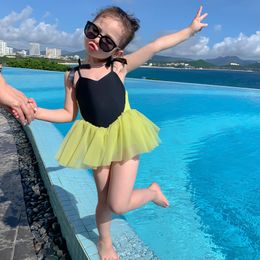 kids love heart one-piece swimsuit 2022 children Bows suspender tulle swimwear summer backless Bathing Suits for girls with hat S2032
