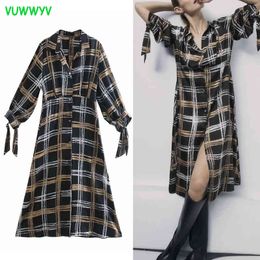 VUWWYV Black Plaid Shirt Dress Women Fall Collar Office Midi Woman Long Tied Sleeve Front Buttons Ladies es 210430