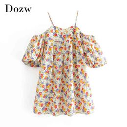 Sexy Spaghetti Strap Beach Mini Dress Off Shoulder Backless Party Dress Women Puff Sleeve Loose Boho Dresses Sundress 210414