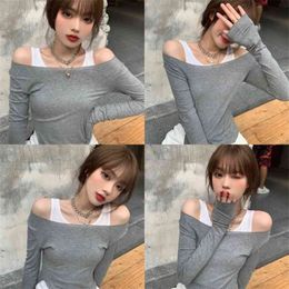 T-shirt female sexy word shoulder Grey two-piece inner bottoming shirt spring long-sleeved tights 210529