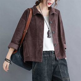 Corduroy Autumn Jackets Turn-down Collar Button Pockets Outwear Korea Design Women Spring Casual 211014