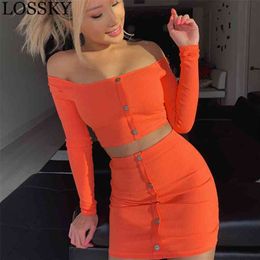 Women Autumn Solid Neon Skirt Set Sexy Off Shoulder Crop Top Mini Bodycon 2 Piece Long Sleeve Tee Tube Knit Suit 210507