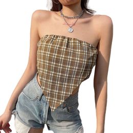 Ladies Summer Sexy Chest Wrap, Creative Plaid Kerchief Decoration Irregular Hem StraplSleevelTop Back Zipper Camisole X0507