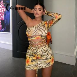 CNYISHE Sexy One Shoulder Bandage Party Mini Dress for Women Long Sleeve Hollow Fashion Club Print Bodycon Boho Dresses Vestidos 210419