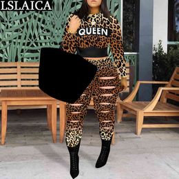 Two Piece Set Women Leopard Letter Printing Elastic Waist Tracksuit Casual Fashion Outfits for 210520