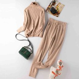 New Women sweater suits track costumes 2 pieces sets Autumn winter turtleneck pullovers and long pants knitted suits 210331