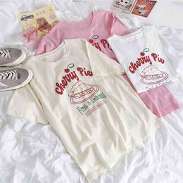 Cherry Cake Pink Girly Funny Letter Print Round Neck Loose Comfortable All-match Short Sleeve T-shirt 210722
