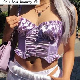 Fashion Chic Purple Strap Top Sexy Off the Shoulder Crop Tops Mujer Backless Ruffle Bustier Camis Women Streetwear 210514