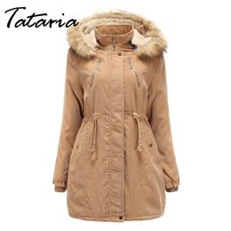 Tataria Women Winter Warm Corduroy Parkas Long Sleeve Big Fur Collar Thick Parka 's Jackets 210514