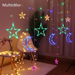 Christmas Decoration Curtain Lights Stars Moon Window Icicle Light Remote Control Holiday Backdrop String Fairy Lights 8 Modes for Home Bedroom Wedding Party Wall