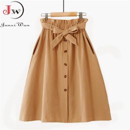 Women Casual Cotton Skirts Spring Summer Korean Style Solid Elegant High Waist Single-Breasted Bow Lace Up A-Line Midi Skir 210629