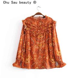 Chu Sau beauty Fashion Boho Style Floral Print Summer Shirts Vintage Chic Hollow Lace O-neck Blouses Female Holiday Wear 210508