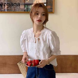 Ezgaga Korean Fashion Women Blouse Short Puff Sleeve Summer New Elegant Lace-up Solid Loose Hook Flower Chic Shirts Sweet 210430