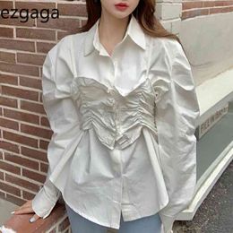 Ezgaga Elegant Shirts Women Fake Two Ruched Long Sleeve Turn-Down Collar Loose Spring Korean Fashion Ladies Blouse Casual 210430