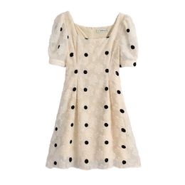 Women Sweet Fashion Polka Dot Mini Dress Vintage Square Collar Short Sleeve Back Zipper Dresses Girls Chic Vestidos 210520