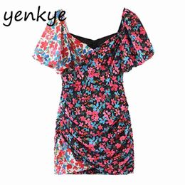 Summer Dress Women Vintage Patchwork Floral Print Draped Bodycon Mini Lady V Neck Puff Sleeve Sexy Chiffon 210514