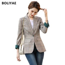 Boliyae Fashion Business Plaid Suit Office Ladies Long Sleeve Spring and Autumn Casual Blazer Za Temperament Jacket 211006