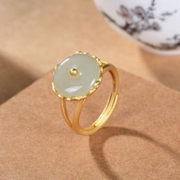 Sterling Silver Gold-plated Hetian White Jade Personality Safe Buckle Women Open Ring Ladies Rings Fine Jewelry K0013