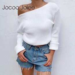 Sexy Slash Neck Knitted Sweater Elegant White Asymmetrical Pullovers One Shoulder Jumpers Cropped Tops 210428