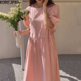 Korejpaa Women Dress Summer Korean Chic Girl Sweet Age-reducing Round Neck Side Lace-Up Waist Puff Sleeve Pleated Vestidos 210526