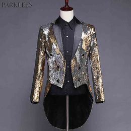 Mens Shiny Gold Sequin Flashy Embellished Blazer Jacket Male Prom Wedding Groom Tailcoat Tuxedo Blazer for Clubwear Stage Singer 210522