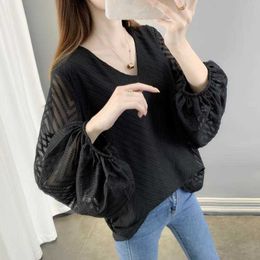 Women's Spring Autumn Style Chiffon Blouses Shirt Long Sleeve V-Neck Flared Solid Colour Casual Loose Tops DF3921 210609