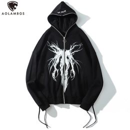 Aolamegs Punk Graphic Print Zipper Ribbon Hooded Hoodie Men Casual Black Cool Oversize Coat Fashion Sweatshirt Streetwear Autumn 210715