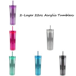 customized drinking cups NZ - Custom Cups 22oz Clear Acrylic Skinny Tumblers with Lid Straw Double Walled Reusable Straight Water Bottle DIY Transparent Drinking Office Coffee Mugs Mixed Colors