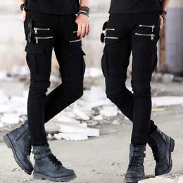 Motorcycle Denim Pants Men's Black Jeans Fashion Stretch Zipper Skinny Jeans Pleated Moto Biker Men Slim Pants Selling 210622