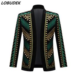 Gold Green Splicing Stripes Embroidery Blazer Men's Vintage Court Wedding Groom Suit Jackets Stars Singer Host Bar Show Stage Costume