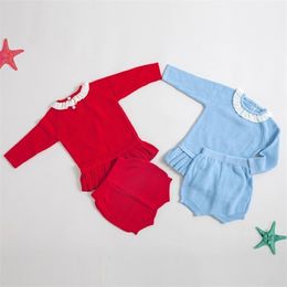 Infant Baby Boys Girls Lace Collar Knit Long Sleeve Pure Colour Top + Shorts Pants Clothing Sets Kids Boy Girl Suit Clothes 210521