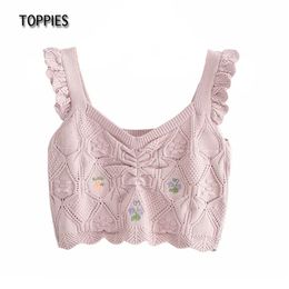 Summer Embroidered Knitted Camisole Tops Sweet Cropped Woman Ruffles Sleeveless Vest 210421