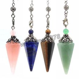 Natural Crystal Pendulum for Dowsing Divination Hexagonal Point Lapis Tiger Eye Pink Quartz Pendant Charms Reiki Healing Amulet Pendule