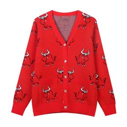 PERHAPS U Women Bull Sweater Knitted Long Sleeve Red Pink Cardigans V-Neck M0474 210529