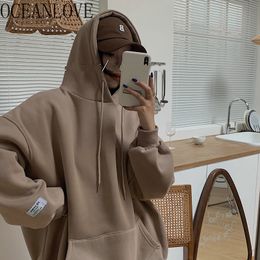 Hoodie Solid Thick Fleece Warm Korean Vintage Sweatshirts Streetwear Loose BF Style Woman Hoodies 19231 210415