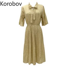 Korobov Summer Lacing Bow Print Women Dress Korean Sweet Chic Female Dresses Flare Sleeve High Waist Vestidos Femme 210430