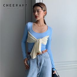 Blue Long Sleeve T Shirt Women Tshirts Fall Bow Patchwork Cute Tops Korean Style Tee Femme Basic Top 210427