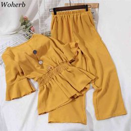 Summer 2 Pieces Set Women Sexy V-neck Ruffle Blouse + Wide Leg Pants Korean Chic Suit Female Two-Piece Sets Office Lady 210519