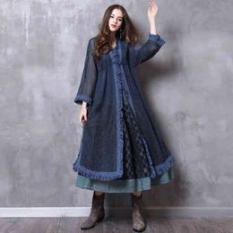 Johnature Women Blue Vintage Cardigan Sweaters Autumn Long Sleeve Tassel Casual Cotton Blend Female Long Sweaters 210521