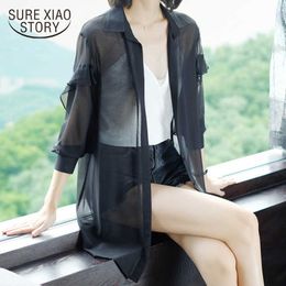 Spring and Autumn Sun-Proof Clothing Summer Mid-Length Shirt Thin Chiffon Cardigan Outdoor Shawl Women's Long Sleeve Jacket 9883 210527