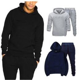 Men's Tracksuit 2 Piece Plain Hoodie Sets Boy Male Street Clothing Wholesale Jacket+Pant Sweatsuit Pants Trousers Suit 211106